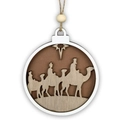 Macro detail of wooden Christmas ornament with carved Nativity scene and natural texture - Three Wise Men (JM02064)