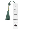 Polished metal bookmark with green tassel and engraved empowering quote for women - A14-Green Tassel Dangerous Creature