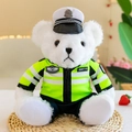 White teddy bear plush toy wearing a high-visibility neon traffic police uniform with hat - Sitting Doll / Approx Height 25cm / Traffic Police Bear - White