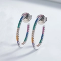 Rainbow cubic zirconia 925 sterling silver C-shaped hoop earrings with silver finish - 925 Silver / White Gold Large