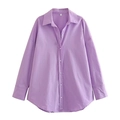 Detail of purple cotton poplin shirt showing the collar, buttons, and size L label - XS / Violet