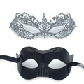 Detail of silver glitter cutout lace mask and black glossy masquerade eye mask - 015 Silver Lace + Eye Mask