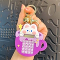 Cute purple bunny calculator keychain with silicone charm and small golden bell - Animal Trendy Computer - Purple Rabbit Cup