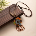 Bohemian ceramic long necklace with colorful bead tassels on vintage wood background - X445-6 Style 7