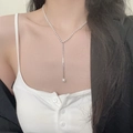 Elegant silver Y-shaped necklace with fine beads and a large white pearl drop pendant - Y-Shape Silver Chain Single Pearl Pendant Necklace (X4743B) / Silver