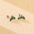 S925 silver crown stud earrings with emerald green zircon and screw back closure - 925 Silver / Platinum (Green Rhinestone)
