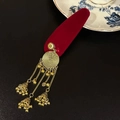 Retro red velvet hair clip with golden Jhumka bell tassels and spiral metal plate - Velvet Bell Tassel Hair Clip (Red)