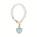 Detail of pearl cup chain with a blue heart pendant featuring a gold letter D charm - Letter D