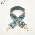 Close-up of geometric ethnic bag strap with blue patterns and gold metal lobster clasps - S7 Blue