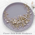 Elegante copricapo da sposa dorato con fiori di cristallo e perle su pizzo bianco - Oro