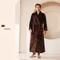 Long brown coral fleece bathrobe for men featuring white contrast piping and tie waist - Brown (Male)