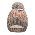 Bonnet en tricot d'hiver avec blocs de couleurs, pompon et doublure polaire chaude - Beige + Marron