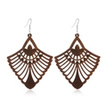 Detail of dark brown wooden fan earrings with hollow pattern and scale texture - Style 38