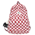 Mochila de lona con cuadros rojos y blancos y un lindo colgante de felpa de ojo - Bolso Individual / Rojo