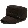 Men's winter flat top warm cap with ear flaps in dark brown textured wool fabric - Adjustable / Coffee