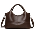Women's dark brown soft leather tote bag with cross-stitched textured lychee pattern - Coffee