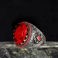 Vintage silver punk ring with large oval red gemstone and intricate floral engravings - J081-3 Red / Size 7