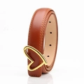 Women's brown leather belt with elegant golden heart-shaped buckle for dresses - Camel