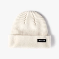 Chic cream white knitted beanie with black MTEESX patch and ribbed texture - One Size / White