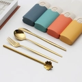 Golden 4-piece travel cutlery set with colorful storage boxes and cherry blossom stirrer - Style C Gold