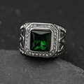 Retro stainless steel men's ring with square emerald gem and silver carved band - Steel + Green Stone
