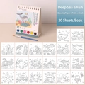 Deep Sea and Fish theme watercolor book with 20 pages, 6-color paint and brush - Deep Sea Fish Style