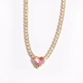 Golden necklace featuring a pink heart-shaped crystal and clear zircon pavé chain - Gold Pink Zirconia Heart