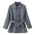 Women's gray short wool coat with double collar lapel and elegant waist tie belt - XS / Gray