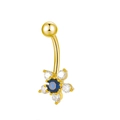 Golden flower navel ring with blue gemstone and clear cubic zirconia inlays - Blue Flower Style K-973