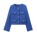 Detail view of Klein blue tweed jacket with golden buttons and four-pocket design - Sapphire Blue