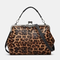 Leopard print handbag with vintage metal kiss-lock closure and leather straps - Yellow and Black Leopard