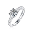 Detailed view of silver ring with round-cut moissanite and pave-set diamond band - Adjustable Open / Polished Face Style (R11540-6.5mm/1 Carat)