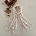 Forest style beige sweet lace crochet scarf with embroidery and decorative tassels - 3022 Tassel Lace Style / Beige