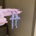 Macro shot of pink butterfly earrings with sparkling cubic zirconia teardrop tassels - 78# Pink & Silver Butterfly Tassel