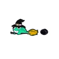 Lebhafte Emaille-Brosche Frosch auf gelbem Besen mit schwarzem Gummiverschluss - Frosch auf Besen (C2692-2)