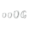 Detailed set of four silver metal hoop earrings and double layer ear cuff on white backdrop - Silver Minimalist Hoop Ear Cuff Set (#27)