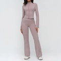 Slim fit lavender yoga set with stand collar zipper jacket and flare pants - S / Top And Bottom (Jacket & Flared Pants) / Smoky Purple