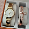 Elegant gold stainless steel watch and rose gold star bracelet set in a gift box - Gold Watch Star Bracelet Set