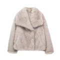 Short grey-beige faux fur jacket for women featuring an oversized lapel and plush texture - XS / Beige Grey