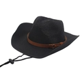 Detail of black straw cowboy hat with brown leather band and adjustable windproof strap - One Size (Grass) / Black (Yellow Rope)