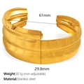 Polished 18k gold plated wide stainless steel cuff bracelet with size specifications - Non-adjustable Style / SZ176 Gold