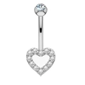 Silver stainless steel belly button ring featuring a hollow heart and sparkling zircons - Style 27