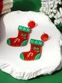 Festive red glitter Christmas stocking earrings with white snowflake and green accents - 54# Silver Earring Post - Red - Christmas Sock Acrylic