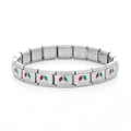 Close-up of modular stainless steel links with red and green enamel peace signs - 0065 - Garfield - Cartoon 1 Chapter