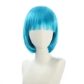 Detail view of a professional blue bob wig with bangs on a model for cosplay - Blue