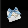 White square wedding gift box with blue satin ribbon and gold Thank You lettering - White Box + Hazy Blue Ribbon