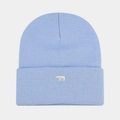 Close-up of light blue ribbed knit beanie with white polar bear embroidery detail - One Size / Light Blue