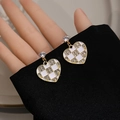 Golden heart-shaped checkerboard earrings with sparkling white crystals and studs - E4999-4 Gold Heart Checkerboard Rhinestone