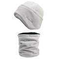Detailed texture of thick gray polar fleece beanie and neck warmer set with embroidery - Hat + Neck Gaiter 2-Piece Set / Light Gray