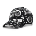 Detailed view of black baseball cap with silver reflective Christmas pattern and text - One Size / Black